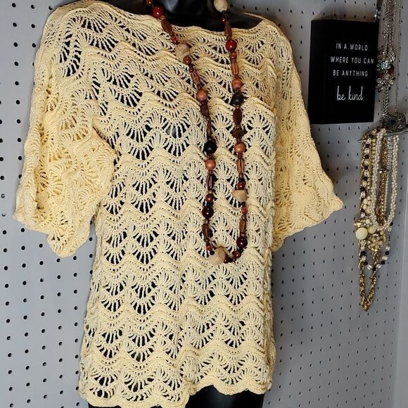 Handmade Soft Yellow Crocheted Open Weave Sweater BoHo Blouse, Sz Small?? - Picture 1 of 6